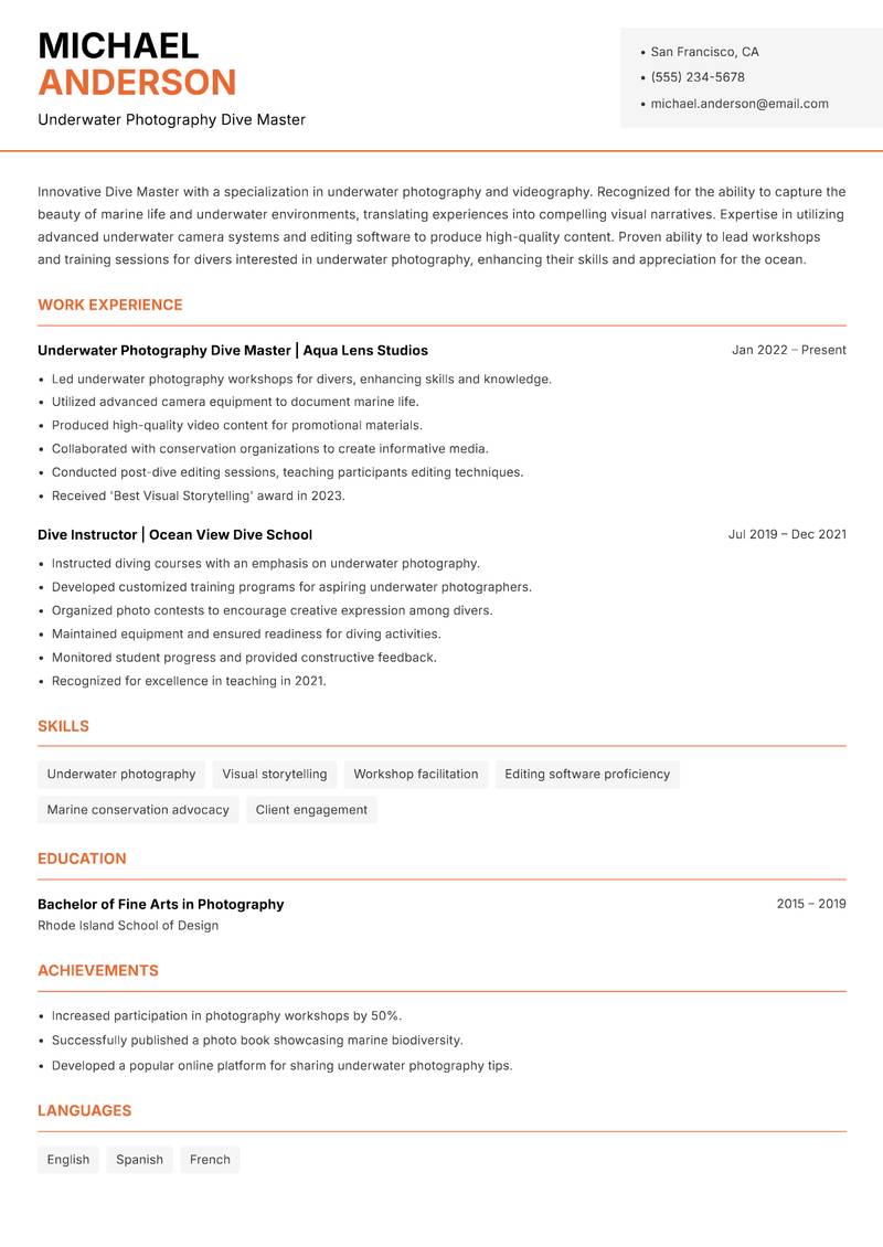 Dive Master resume template — Modern Professional