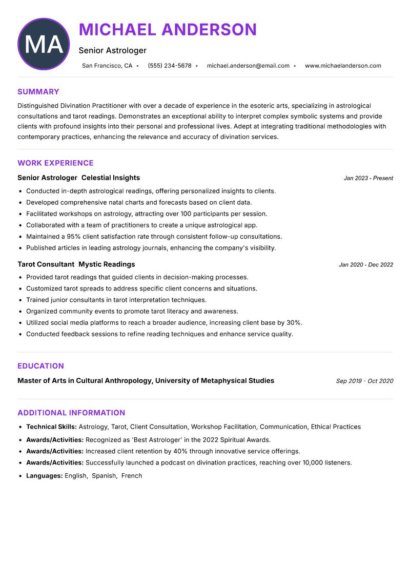 Divination Practitioner resume example — ATS-friendly template