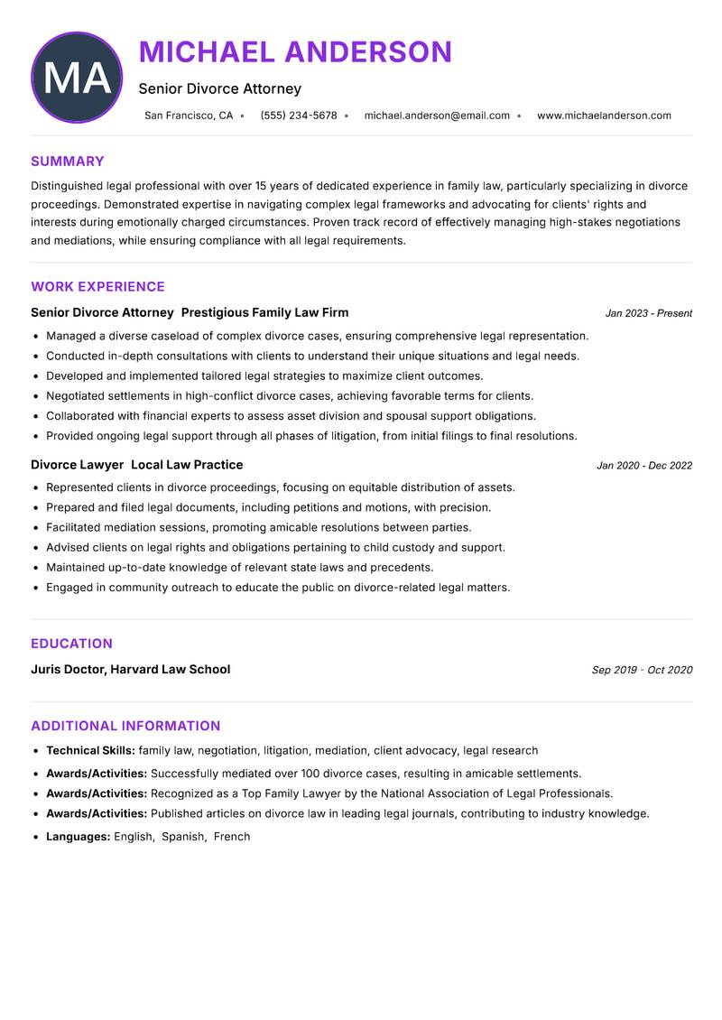 Divorce Lawyer resume example — ATS-friendly template