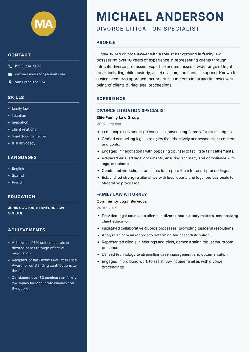 Divorce Lawyer resume template — Classic Clean