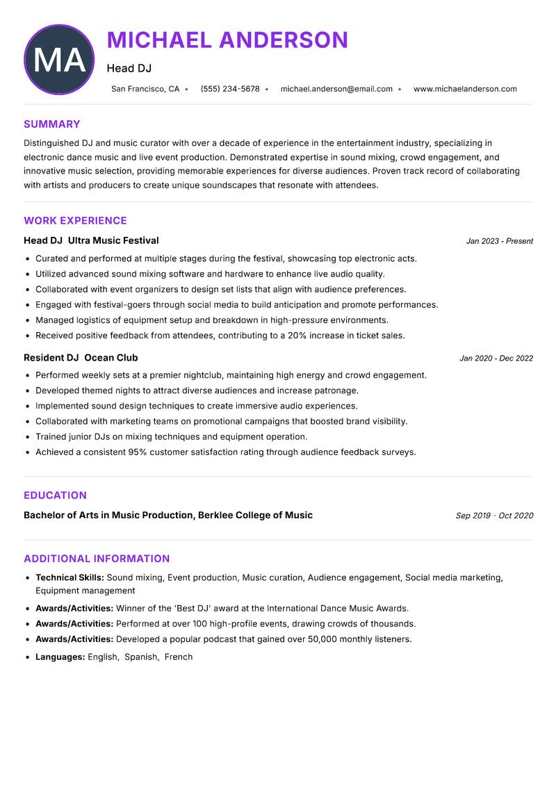 DJ resume example — ATS-friendly template