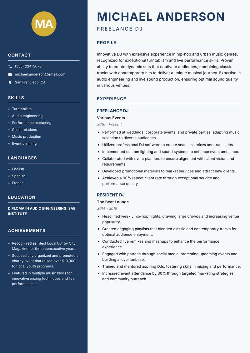 DJ resume template — Classic Clean