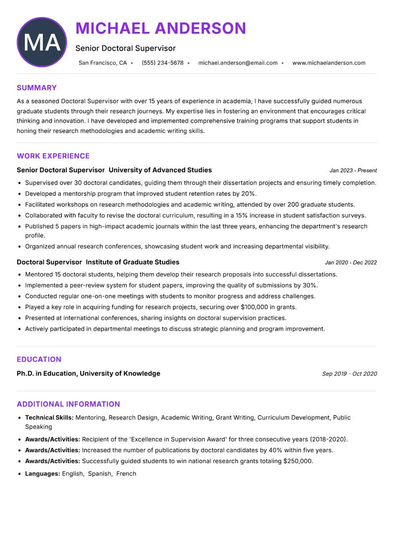 Doctoral Supervisor resume example — ATS-friendly template