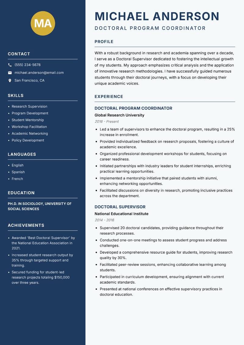Doctoral Supervisor resume template — Classic Clean