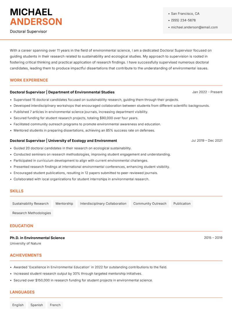 Doctoral Supervisor resume template — Modern Professional
