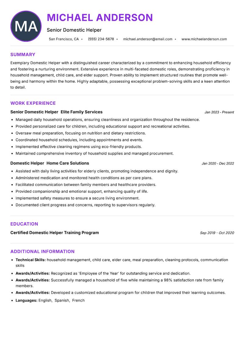 Domestic Helper resume example — ATS-friendly template
