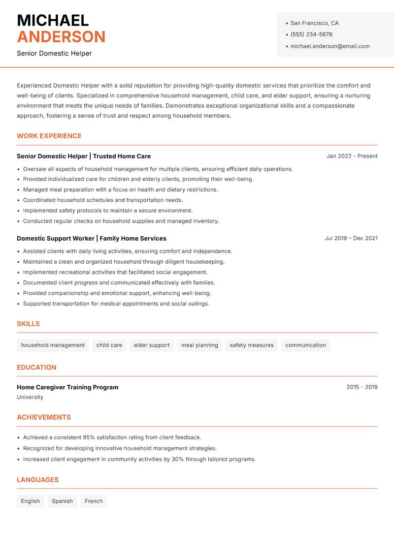 Domestic Helper resume template — Modern Professional