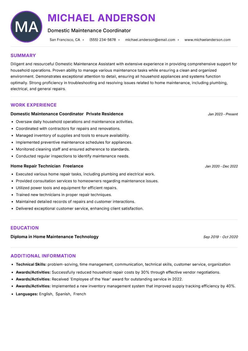 Domestic Maintenance Assistant resume example — ATS-friendly template