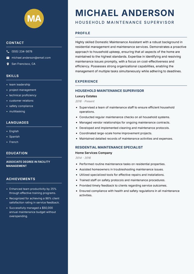 Domestic Maintenance Assistant resume template — Classic Clean