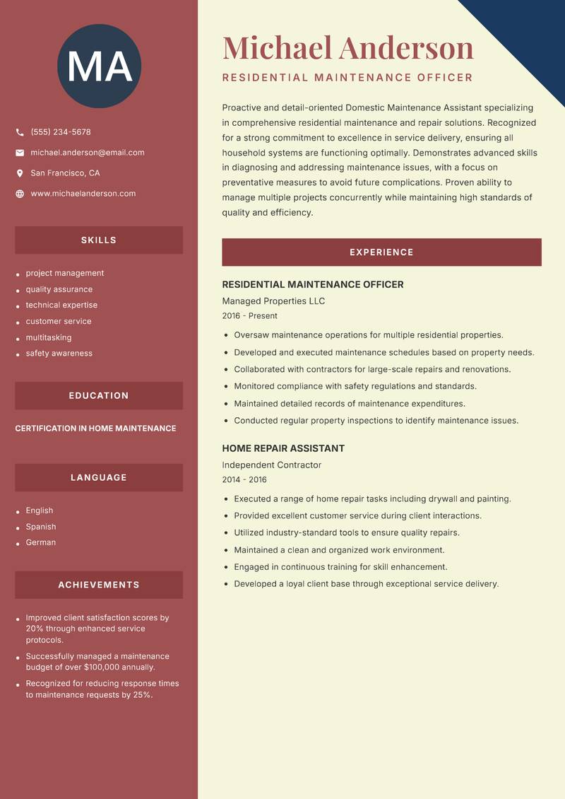 Domestic Maintenance Assistant resume template — Two Column