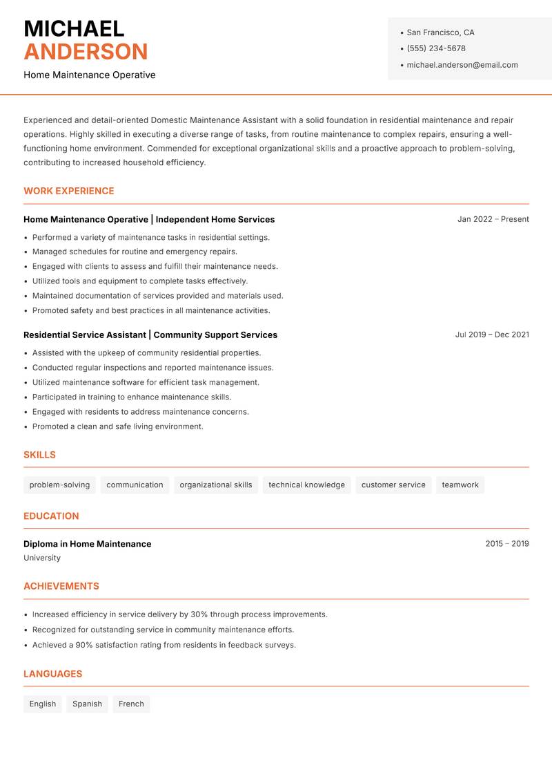 Domestic Maintenance Assistant resume template — Modern Professional
