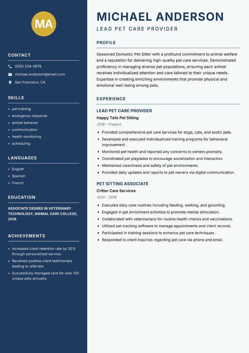 Domestic Pet Sitter resume template — Classic Clean