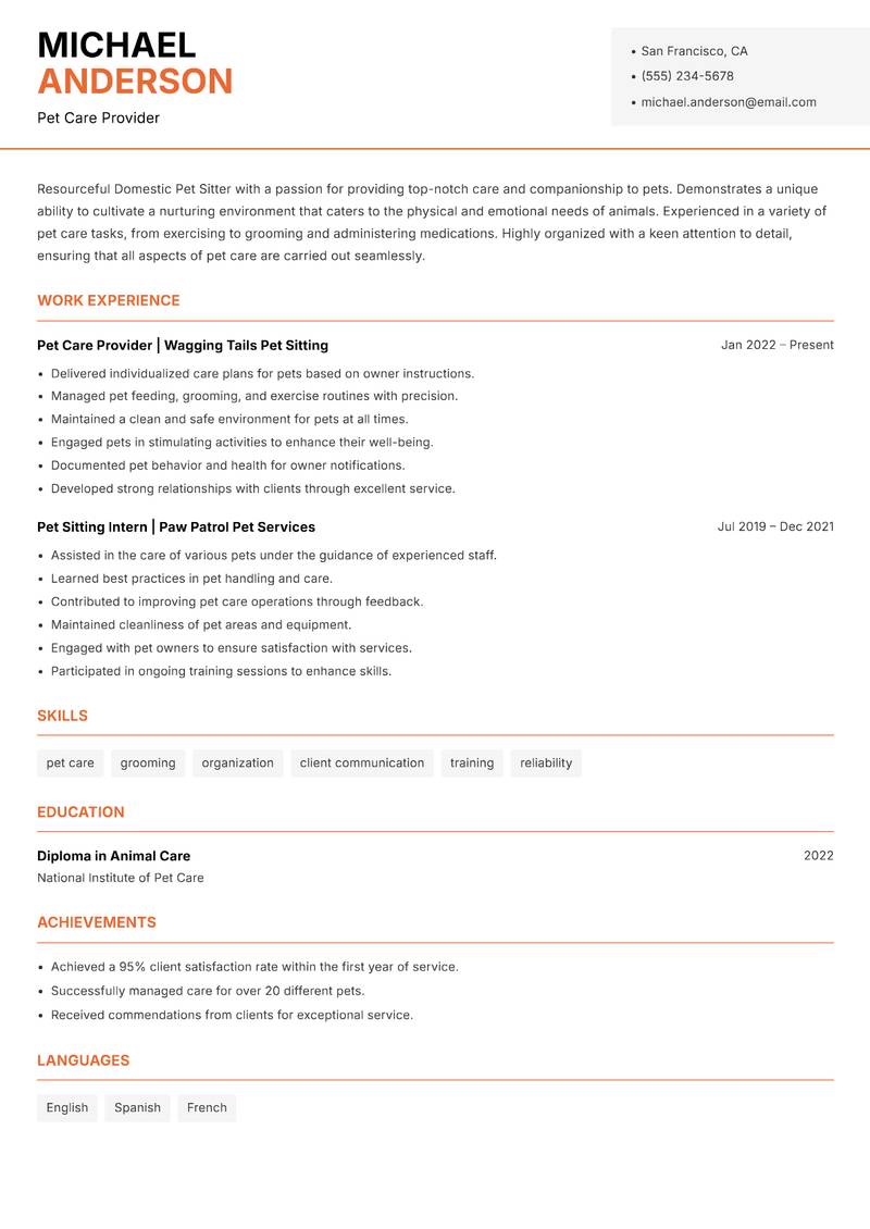Domestic Pet Sitter resume template — Modern Professional