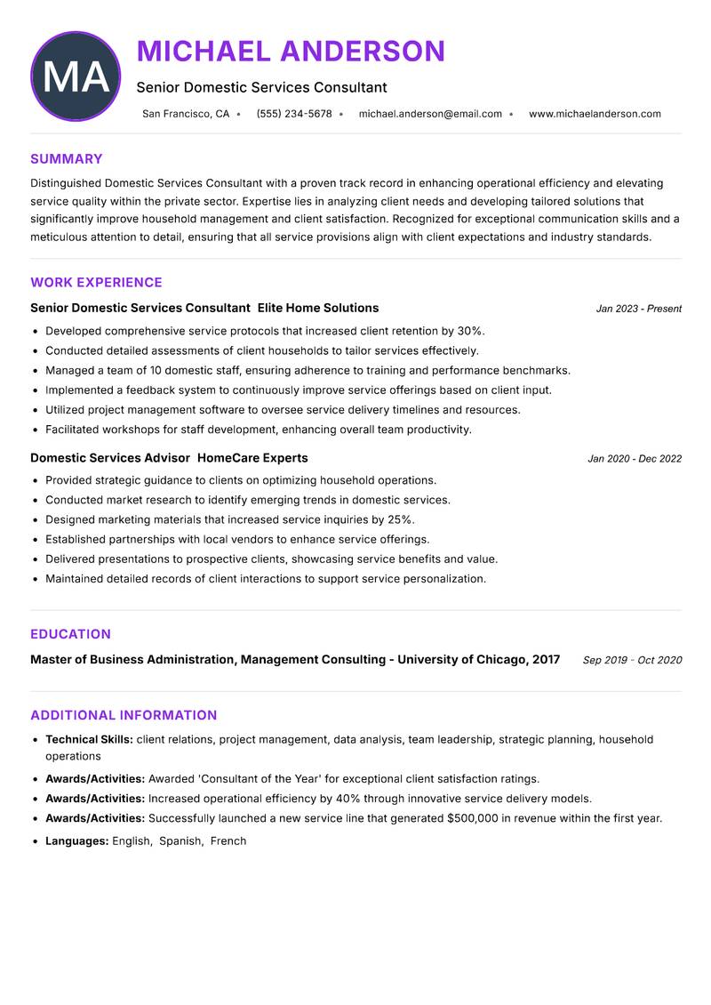 Domestic Services Consultant resume example — ATS-friendly template