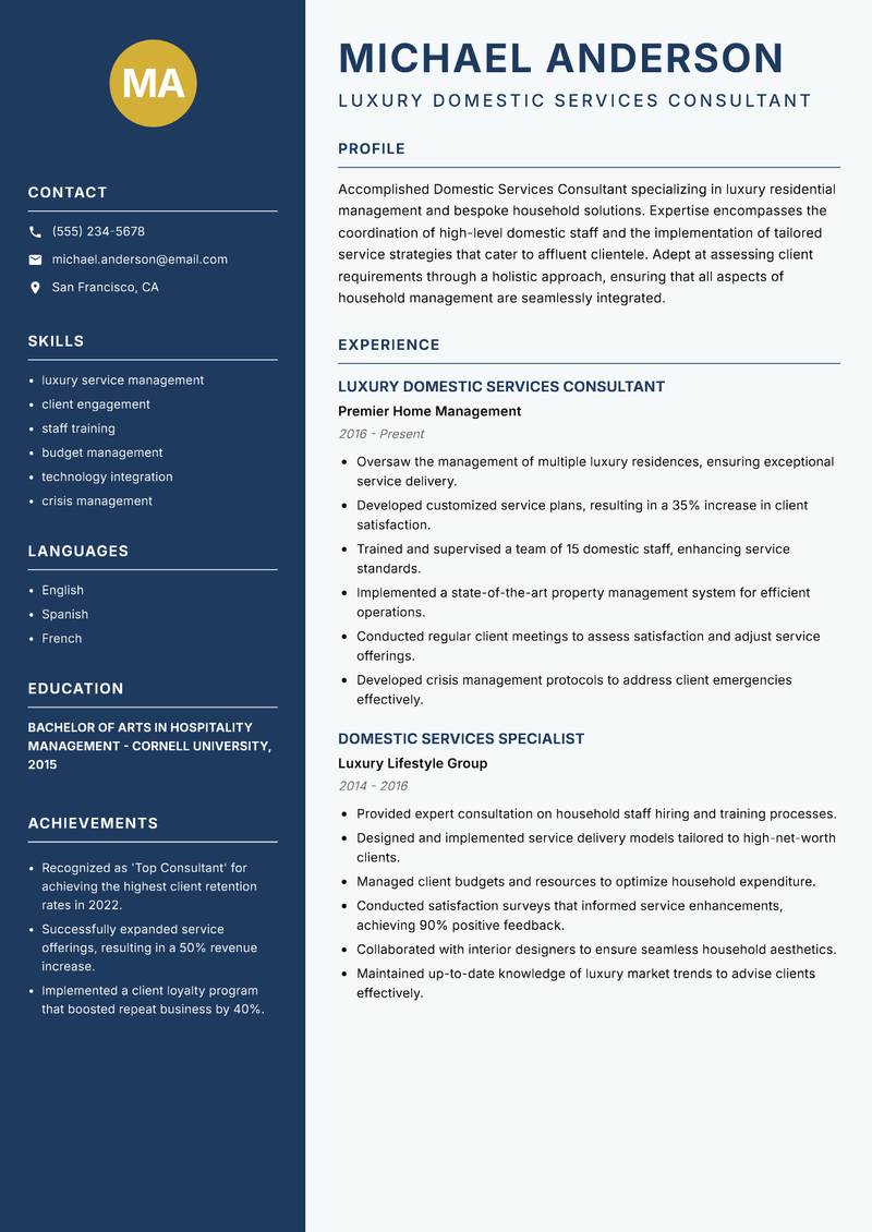 Domestic Services Consultant resume template — Classic Clean