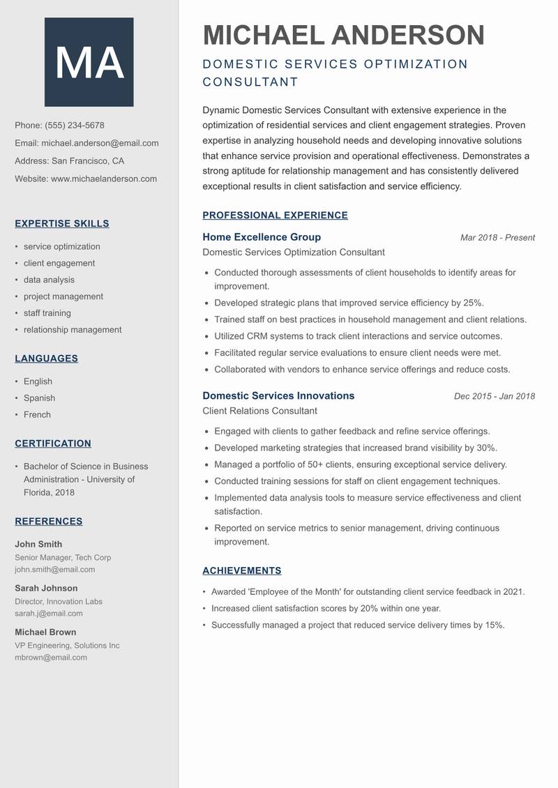 Domestic Services Consultant resume template — Creative Minimal