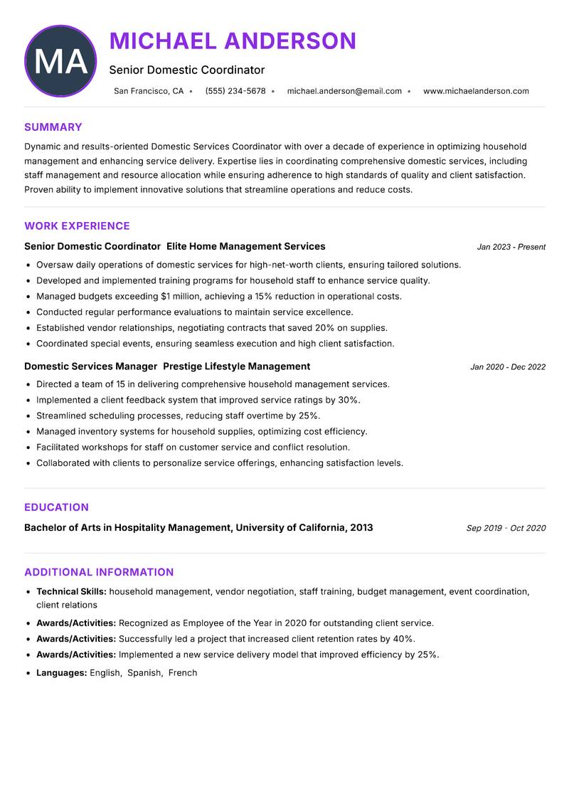 Domestic Services Coordinator resume example — ATS-friendly template