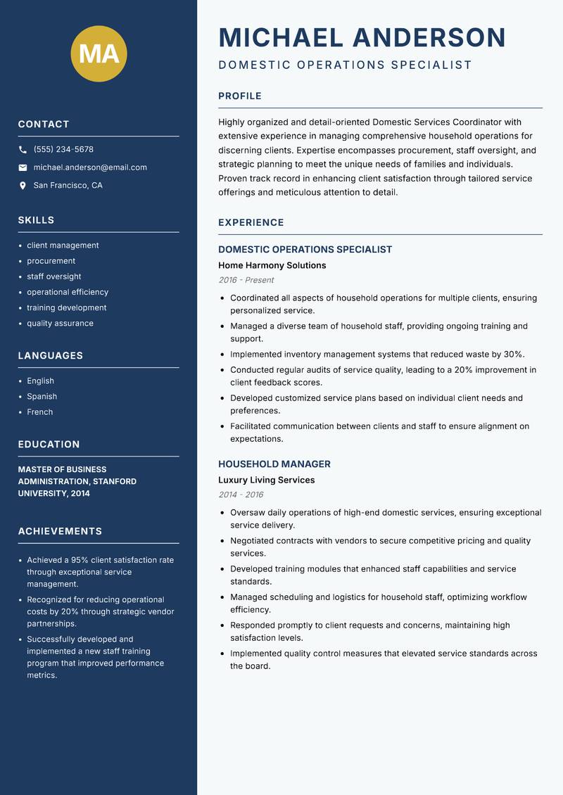Domestic Services Coordinator resume template — Classic Clean