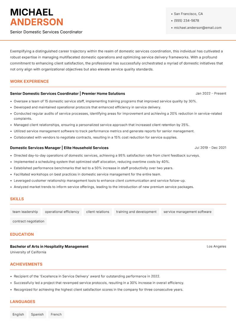 Domestic Services Coordinator resume template — Modern Professional