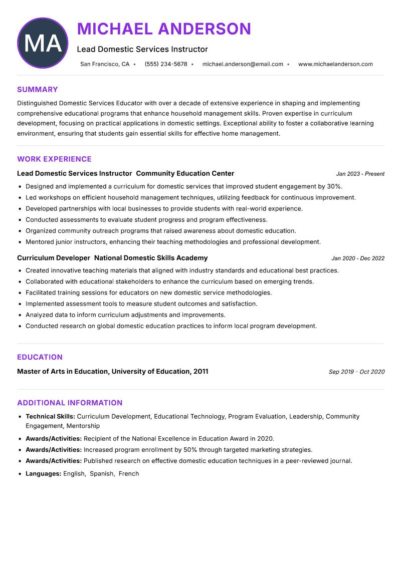 Domestic Services Educator resume example — ATS-friendly template