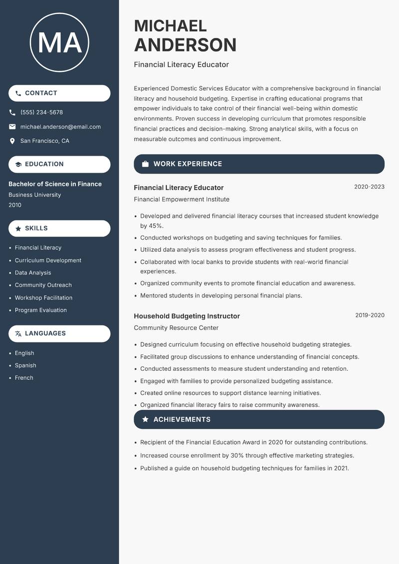 Domestic Services Educator resume template — Compact