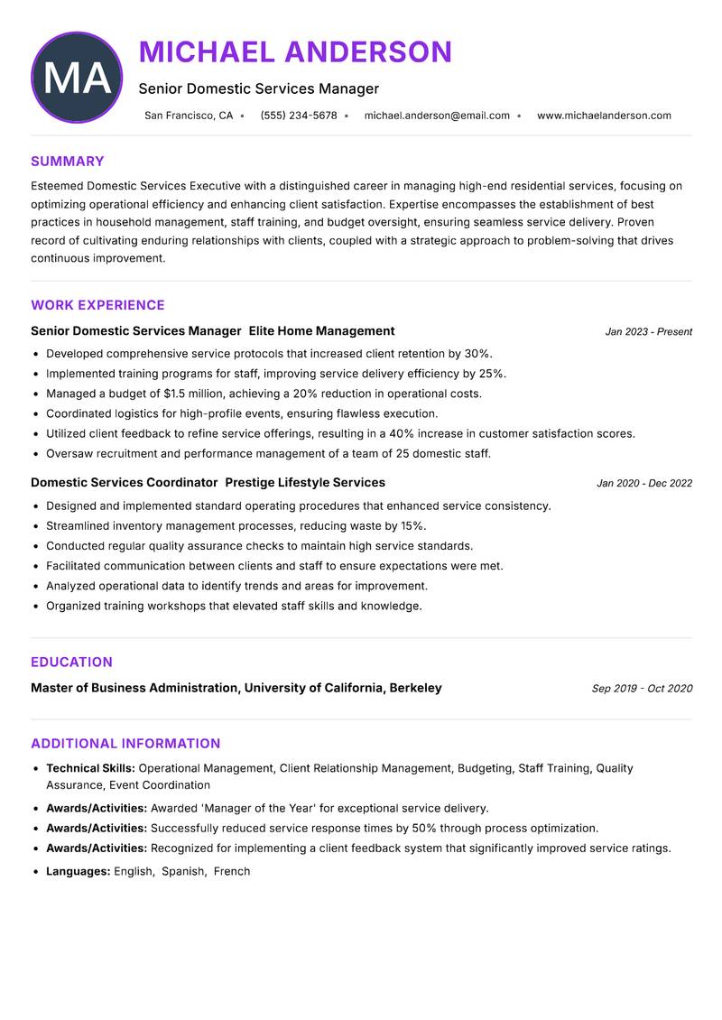 Domestic Services Executive resume example — ATS-friendly template