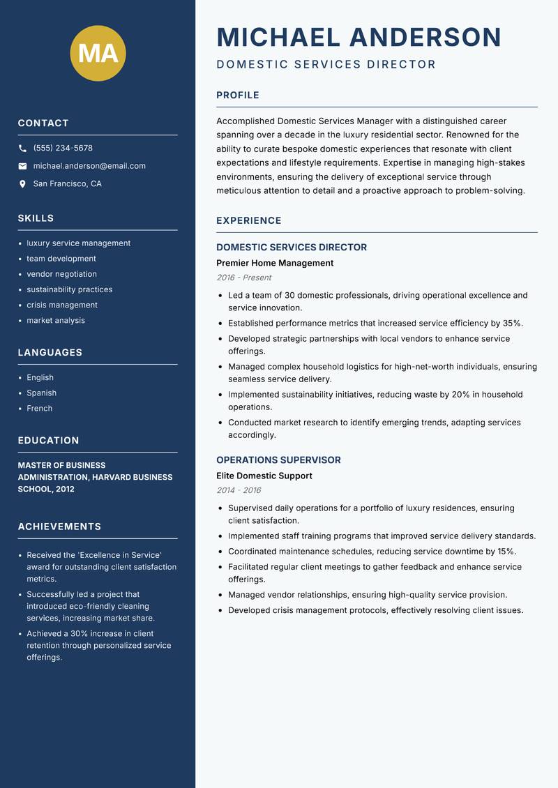 Domestic Services Manager resume template — Classic Clean