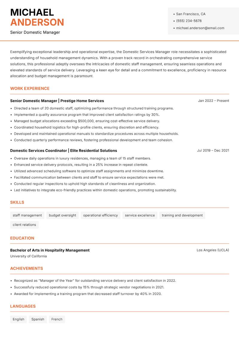 Domestic Services Manager resume template — Modern Professional