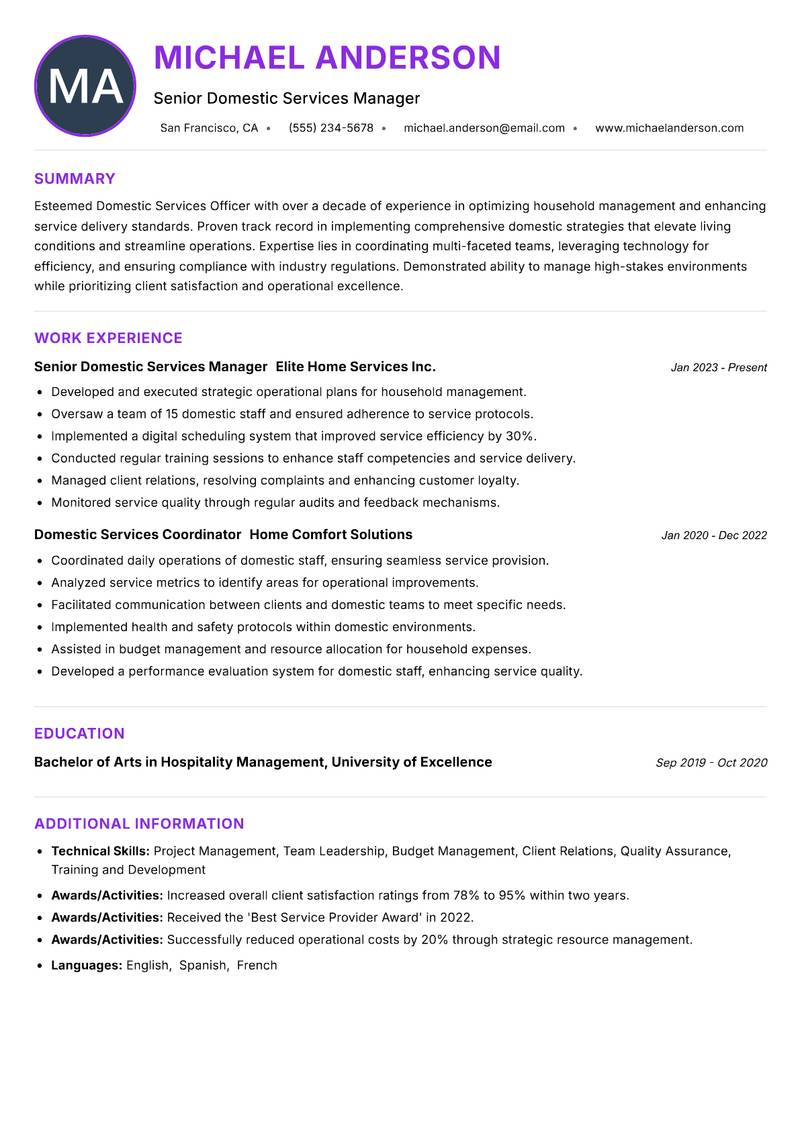 Domestic Services Officer resume example — ATS-friendly template