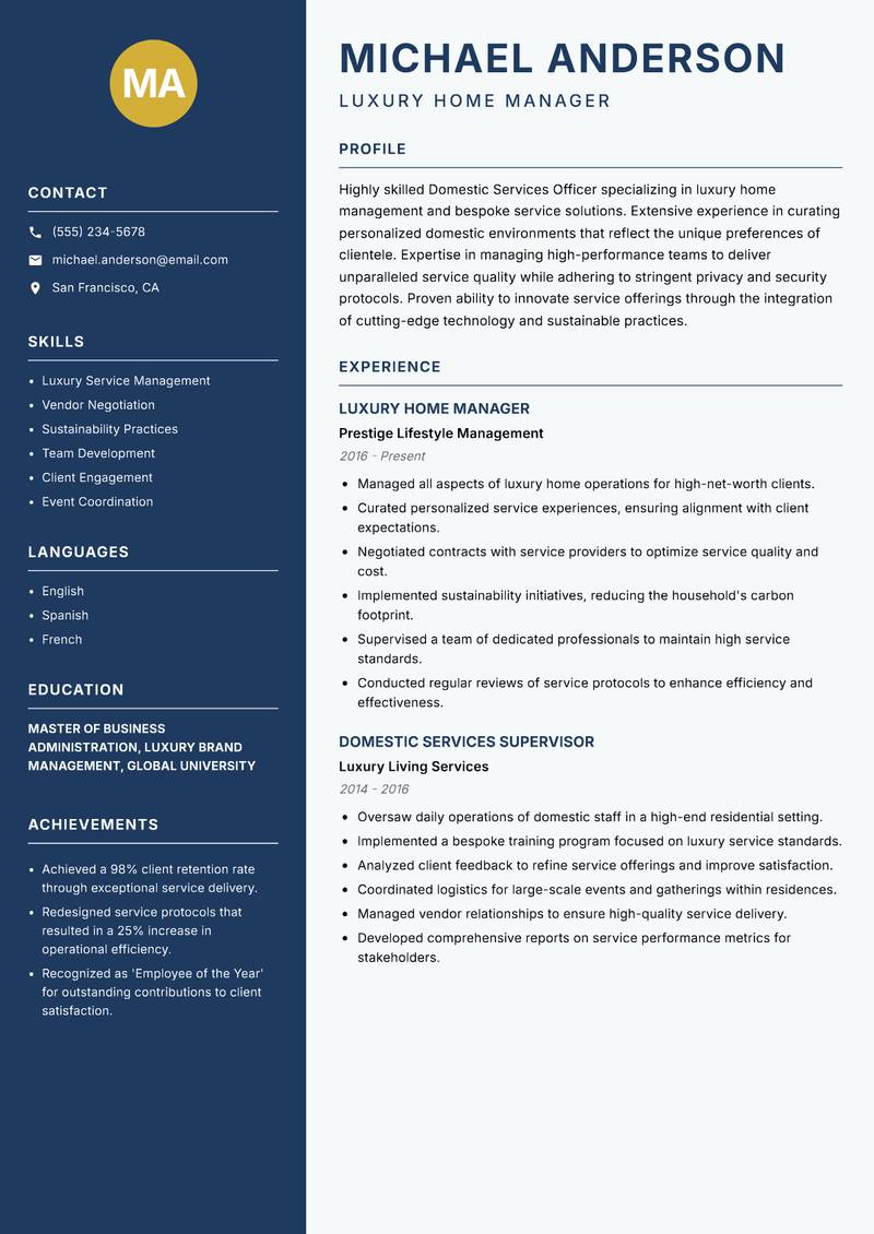Domestic Services Officer resume template — Classic Clean