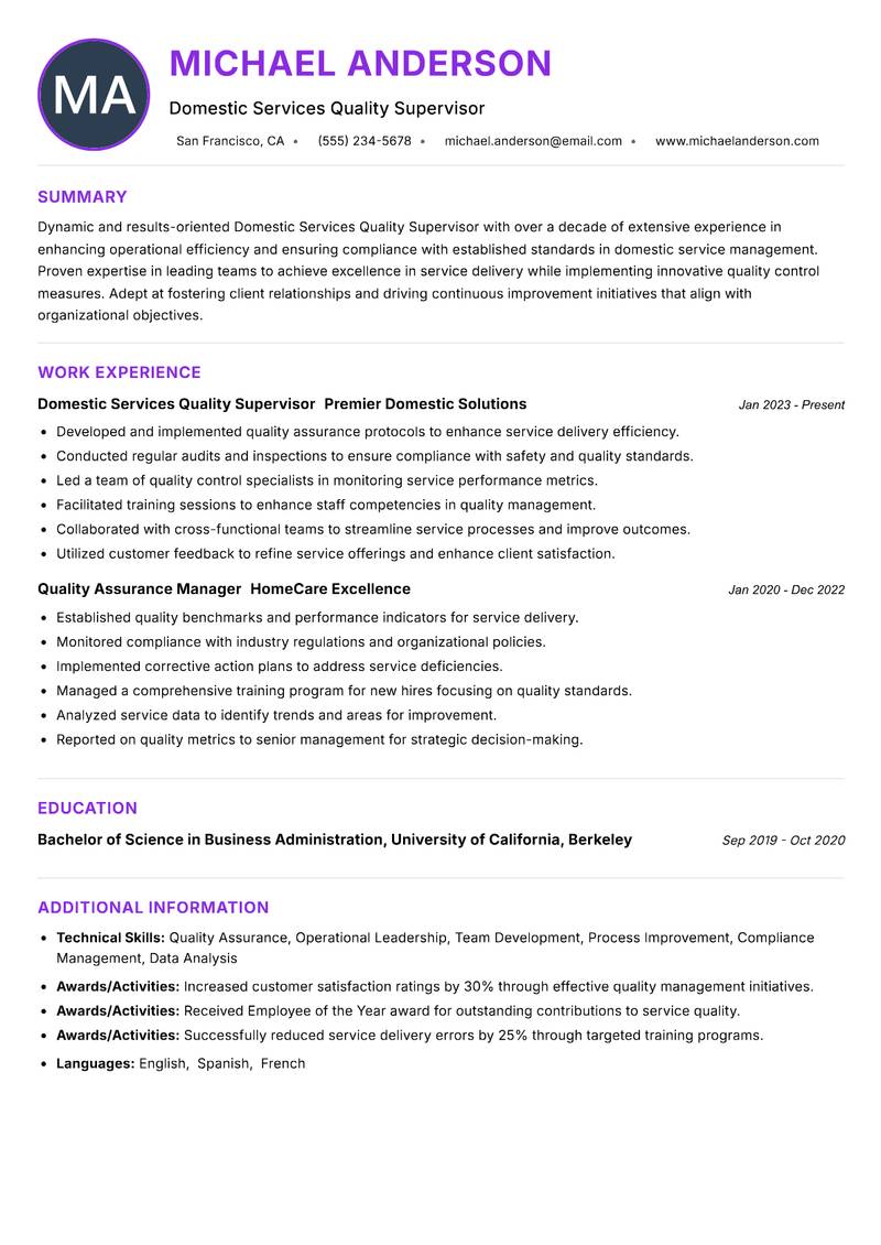 Domestic Services Quality Supervisor resume example — ATS-friendly template