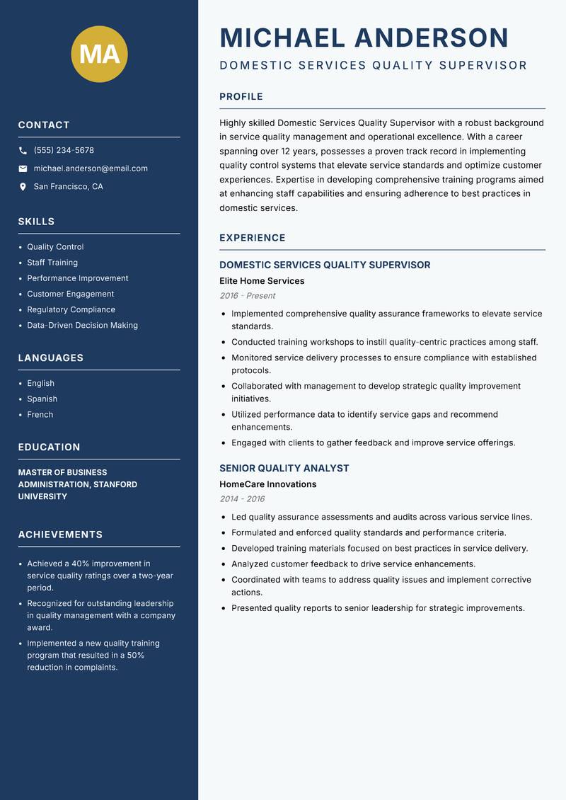 Domestic Services Quality Supervisor resume template — Classic Clean