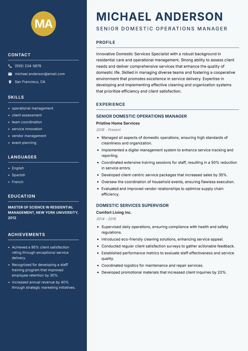 Domestic Services Specialist resume template — Classic Clean