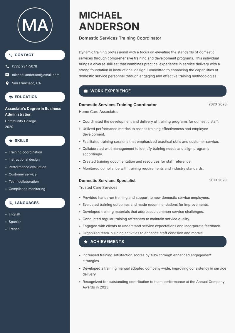 Domestic Services Trainer resume template — Compact