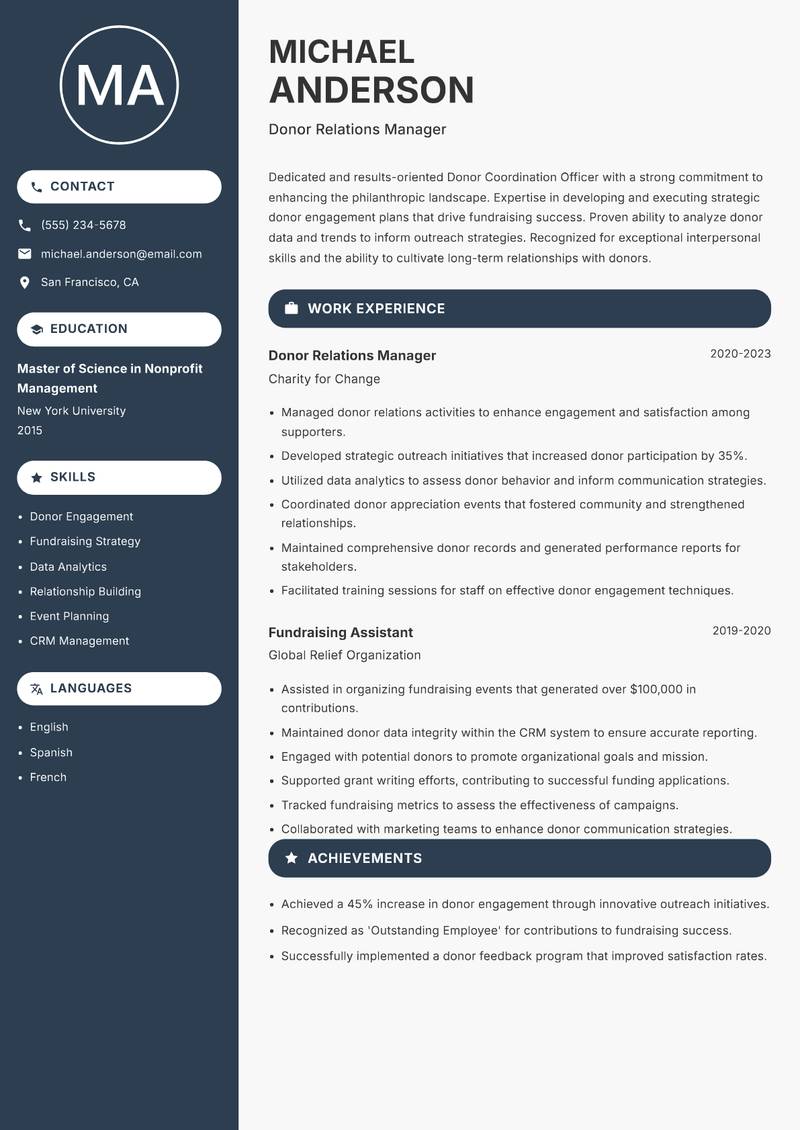 Donor Coordination Officer resume template — Compact