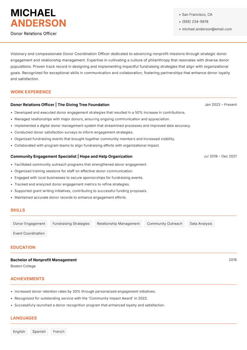 Donor Coordination Officer resume template — Modern Professional