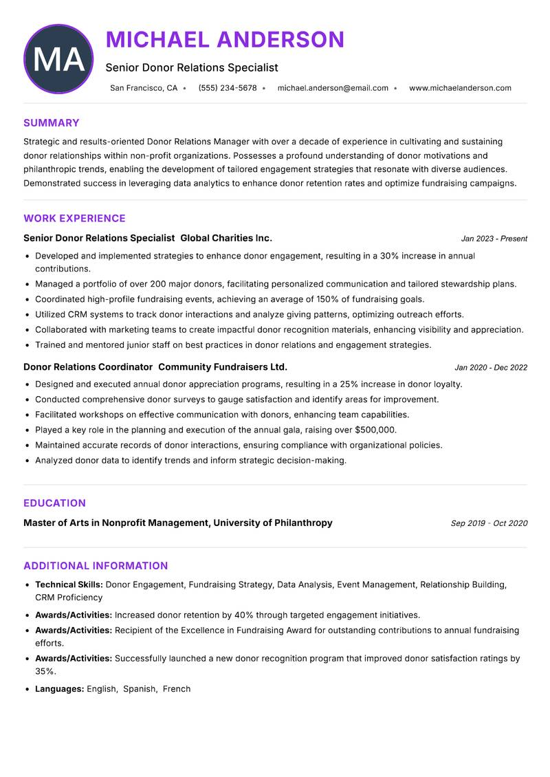 Donor Relations Manager resume example — ATS-friendly template