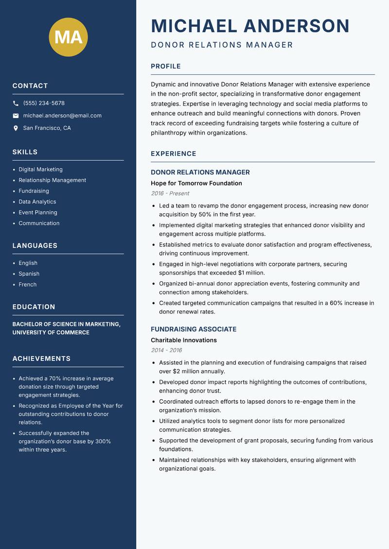 Donor Relations Manager resume template — Classic Clean