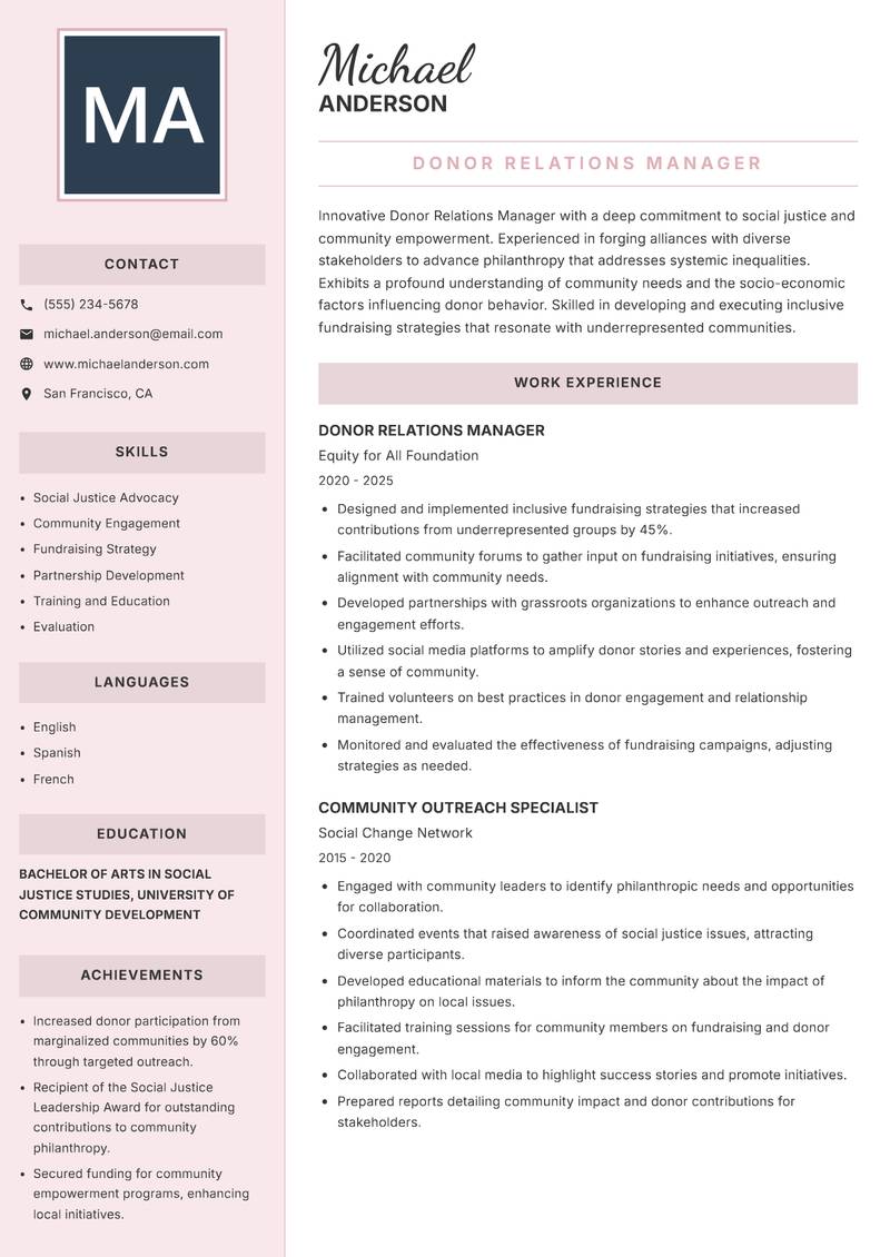Donor Relations Manager resume template — Executive