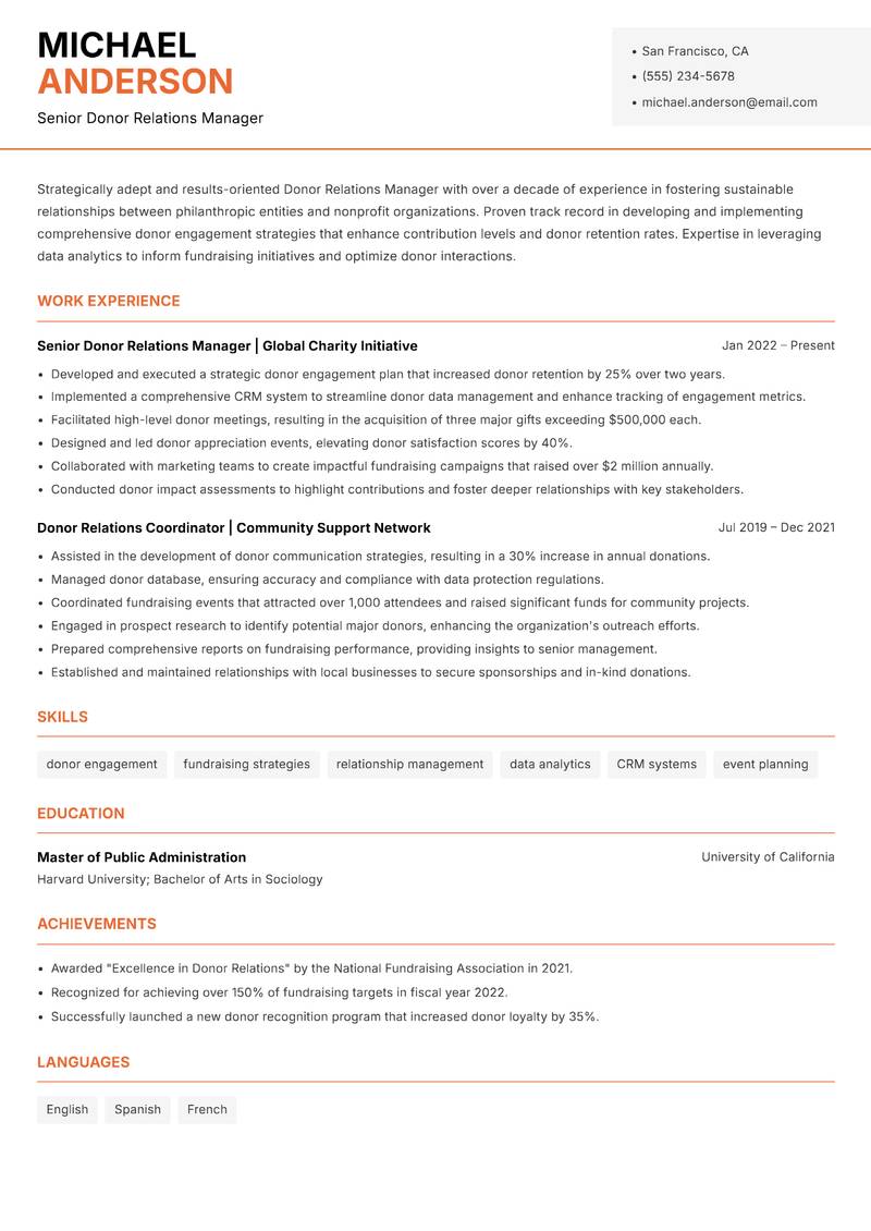Donor Relations Manager resume template — Modern Professional