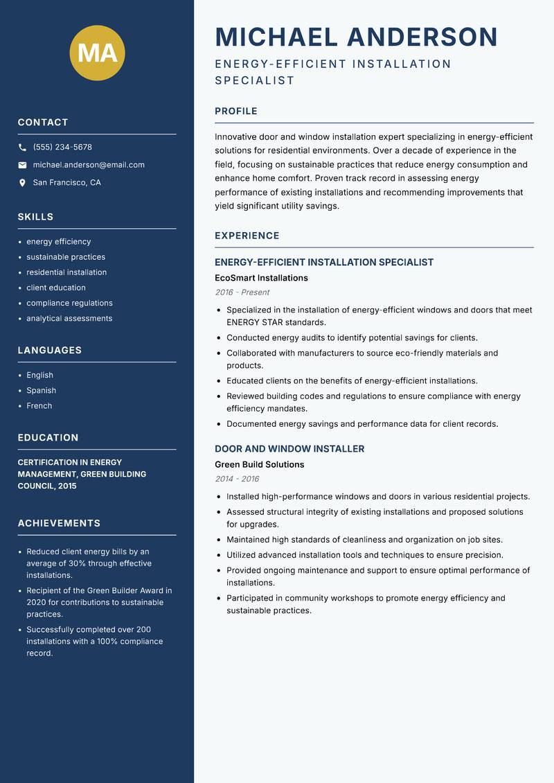 Door and Window Installer resume template — Classic Clean