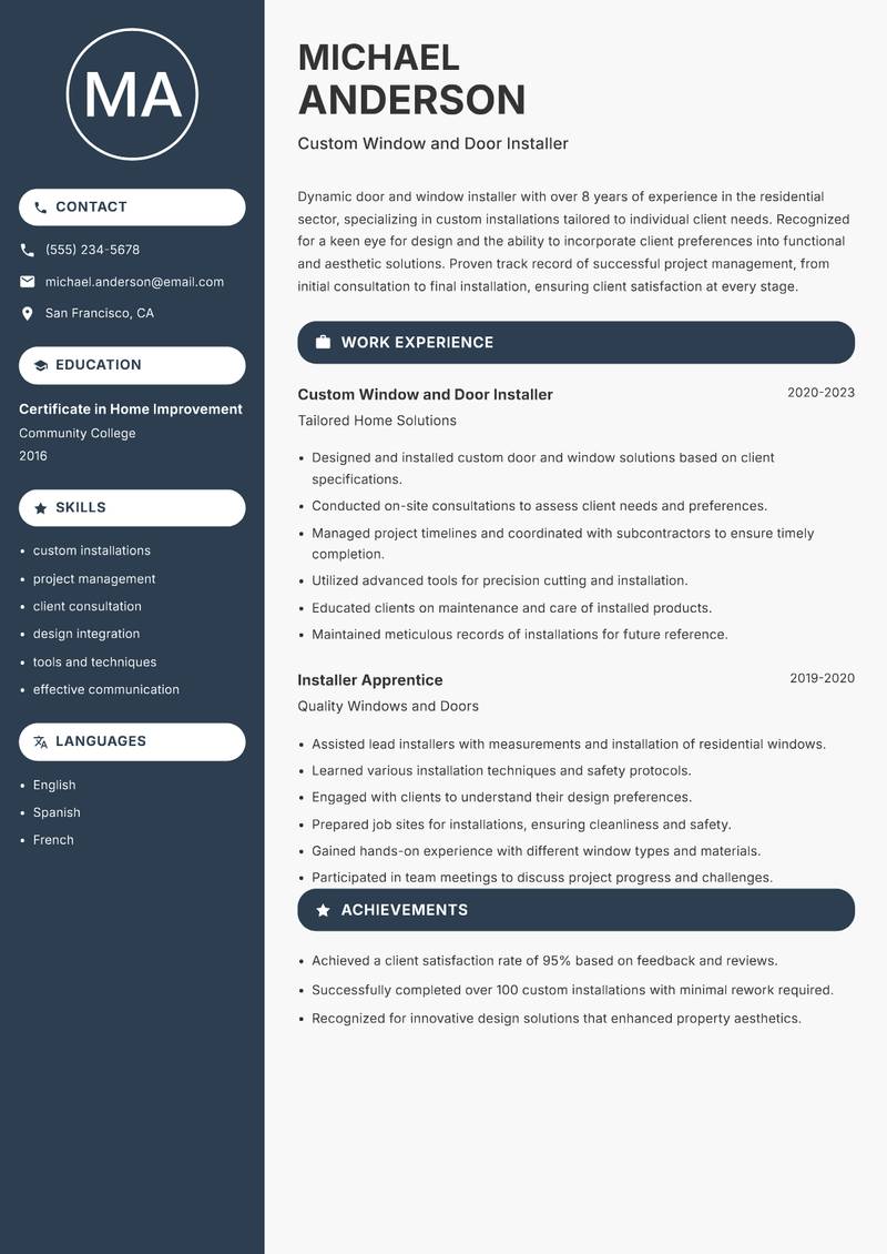 Door and Window Installer resume template — Compact