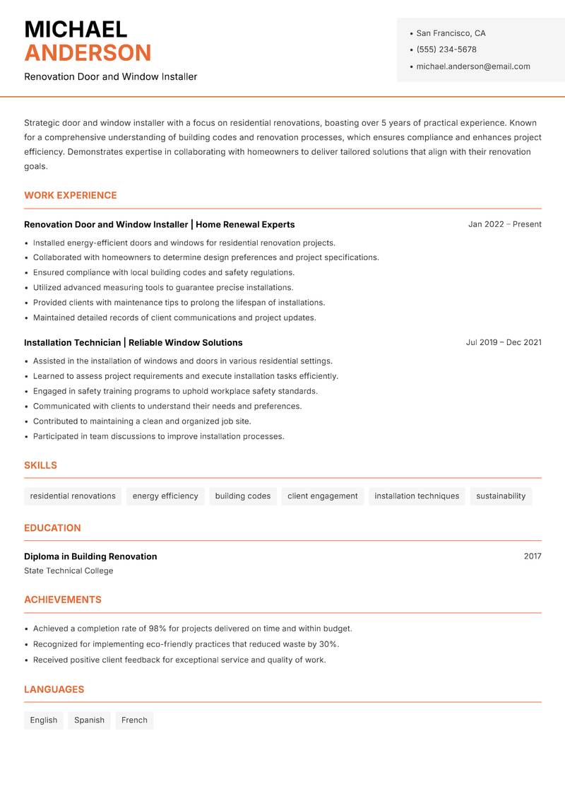 Door and Window Installer resume template — Modern Professional