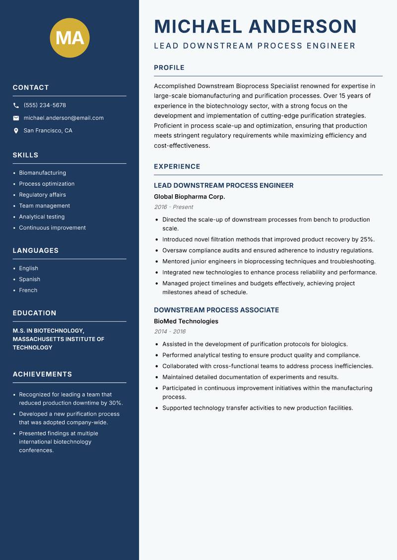 Downstream Bioprocess Specialist resume template — Classic Clean