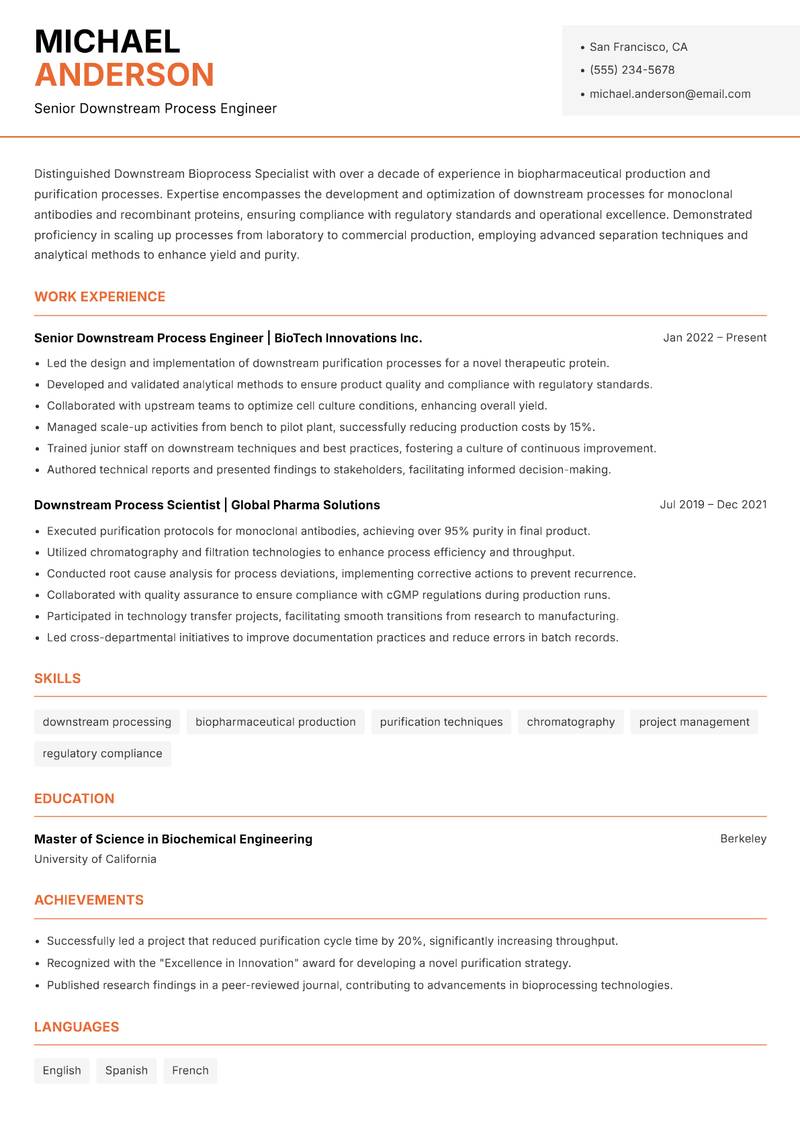 Downstream Bioprocess Specialist resume template — Modern Professional