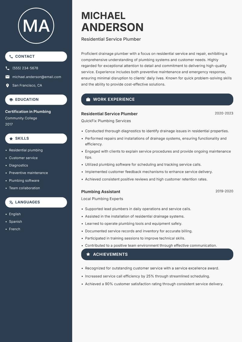Drainage Plumber resume template — Compact