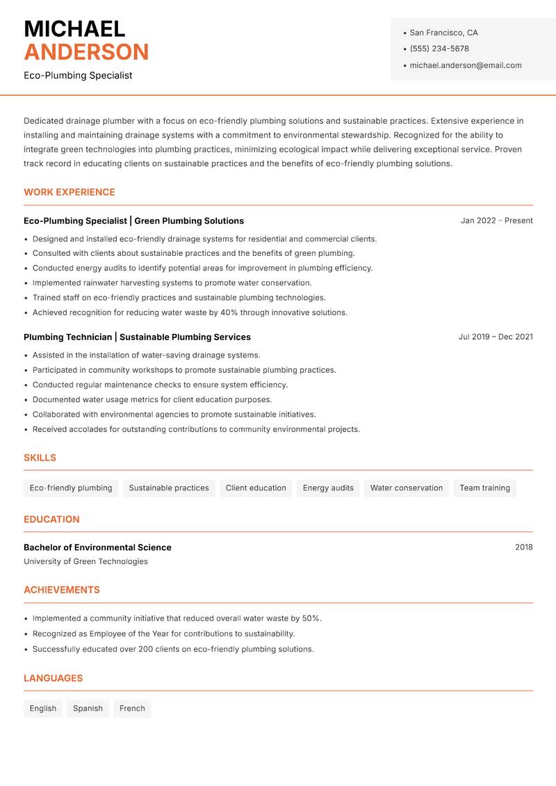 Drainage Plumber resume template — Modern Professional