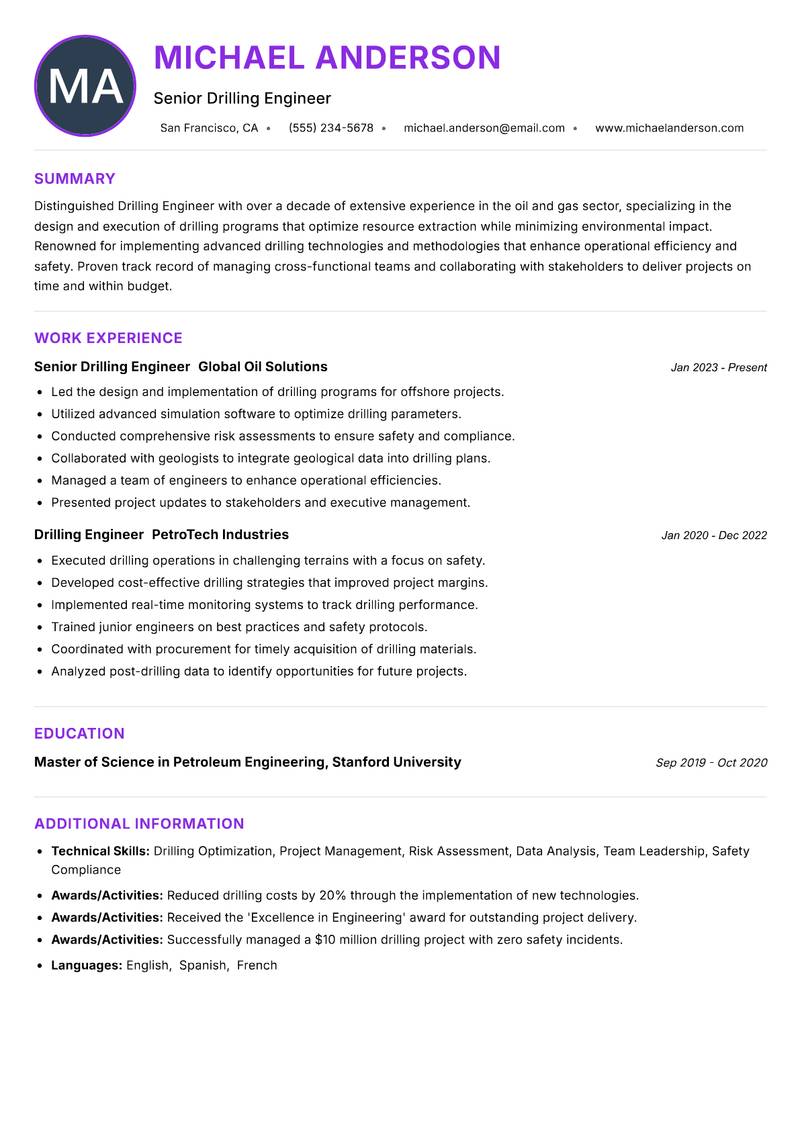 Drilling Engineer resume example — ATS-friendly template
