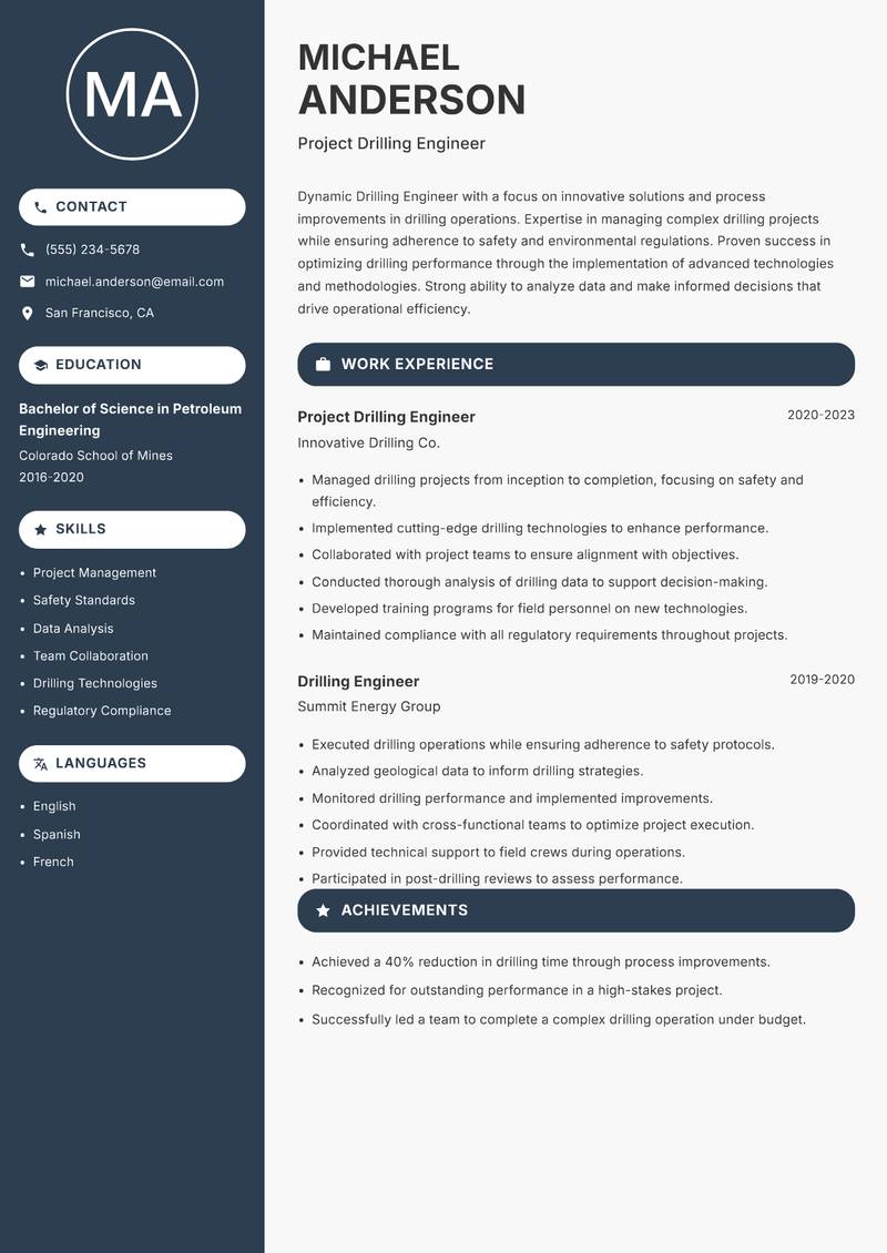 Drilling Engineer resume template — Compact