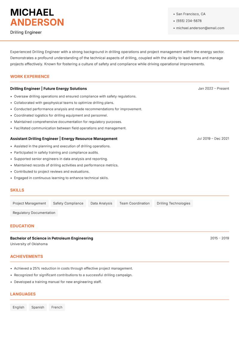Drilling Engineer resume template — Modern Professional